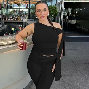 Women's chic black one-shoulder tie-up top and high-waist slim-fit trousers set