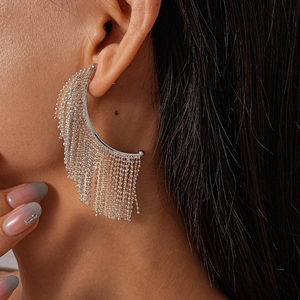 Close-up of elegant silver crescent moon tassel earrings with shimmering beaded chains