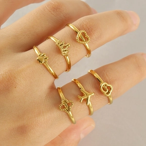 Stainless Steel Open Rings Gold Plated Heart Crown Airplane Paw Clover Cloud Charms Adjustable Minimalist Jewelry For Women