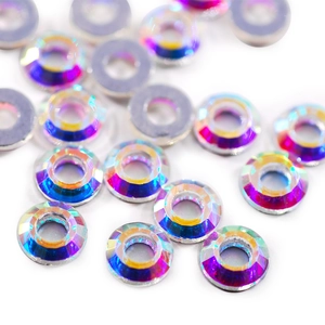 Macro view of multi-faceted K9 crystal glass beads with vibrant AB rainbow reflections