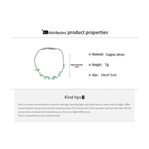 Vue détaillée du bracelet en argent avec zircons verts et dimensions techniques