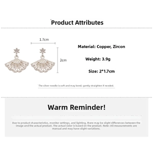 Detailed view of silver fan-shaped earrings with white zircon inlays and dimensions