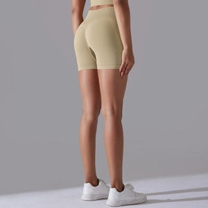 Detailed back view of khaki seamless high-waist fitness shorts with scrunch butt lifting effect