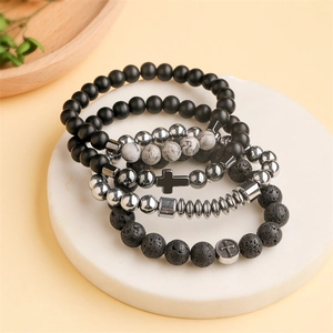 Beaded Bracelet Natural Lava Stone Tiger Eye With Stainless Steel Cross Charm Elastic Minimalist Jewelry For Men Women