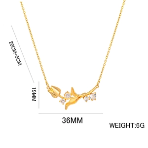 Elegant gold tulip zircon necklace with floral pendant and 20+5cm adjustable chain