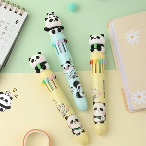 Close-up of 0.7mm 10-color panda ballpoint pens with cute 3D silicone panda toppers