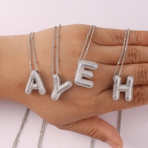 Initial Necklace Copper Micro Pave Cubic Zirconia Bubble Letters Balloon Pendant Fashion Jewelry For Women
