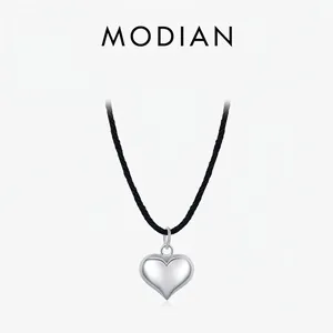 925 Sterling Silver Heart Pendant Necklace With Black Braided Rope Minimalist Mirror Polished Sweater Chain For Women