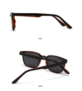 Vue latérale et arrière de lunettes de soleil rétro en écaille avec verres gris foncé