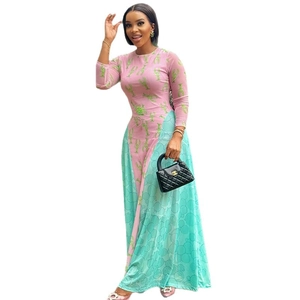 Women's A-line long sleeve dress with pink and teal color-block and green seafood print