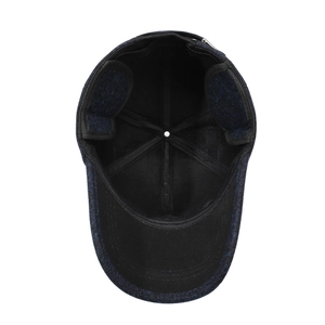 Winter fleece baseball cap for elderly with ear flaps in navy blue tweed fabric