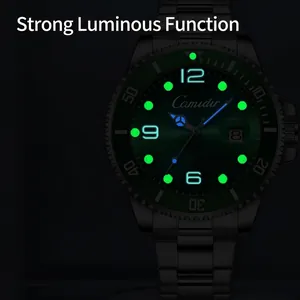 Men's luminous waterproof stainless steel sports watch with green dial and calendar
