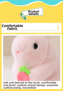 Close-up of pink plush rabbit toy showing soft furry texture and carrot accessory