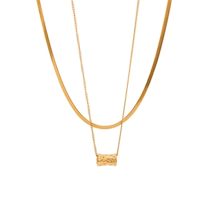 Double layer 18k gold plated stainless steel necklace with textured cylinder pendant