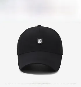 Detailed front view of black quick-dry baseball cap with R-letter shield emblem logo