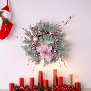 Detail of pink Christmas wreath with frosted pine needles, poinsettia and ornaments