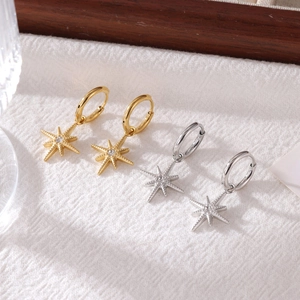 Minimalist Titanium Steel North Star Hoop Earrings For Women Eight-pointed Star Rhinestone Dangle Geometric Fashion Jewelry