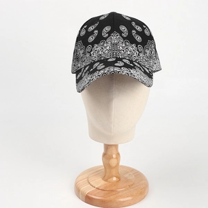 Detailed side view of vintage paisley baseball cap on a professional display head