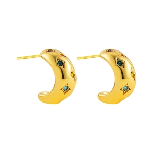 Detailed macro view of gold-plated C-shape earrings with vibrant multi-color zircons