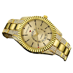 Men's business quartz watch in gold finish with sparkling rhinestones and steel band