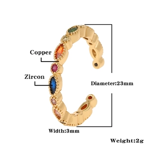 Detail showing colorful zircon inlay on copper ring with 23mm diameter and 3mm width