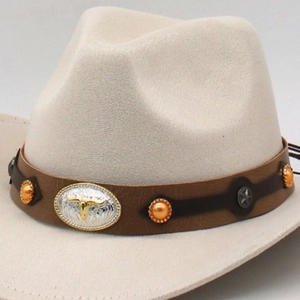 Detailed close-up of beige cowboy hat with brown leather band and bull head metal buckle