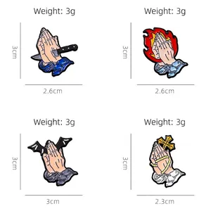 Cartoon metal enamel pins set with praying hands, cross, and wings for backpacks