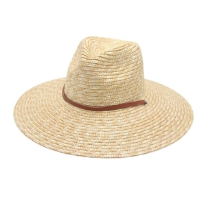 Classic straw sun hat with 12cm wide brim and brown leather strap on white background