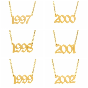 Detailed grid view of golden stainless steel necklaces with birth year pendants from 1997 to 2002