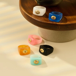 French style colorful resin square rings with gold circular inlay and sparkling crystals
