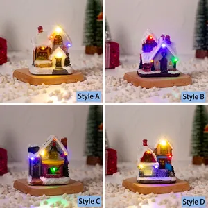 Christmas Snow House LED Light Up Resin Miniature Village Cabin Desktop Decoration Winter Festive Holiday Ornament