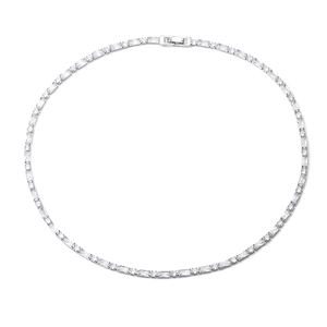 Silver-tone tennis necklace with baguette and round cut zircons on a white background