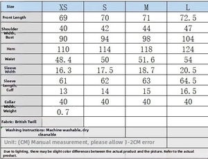 Detailed size chart for blazer set including bust, waist, and length measurements in cm