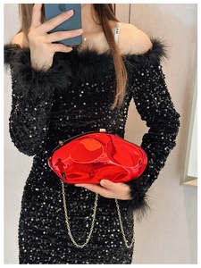 Metallic red asymmetric evening clutch bag with gold chain strap for party style