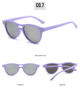 Detailed views of purple double-bridge sunglasses with rivets and gray lenses