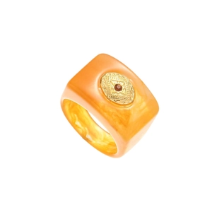 Square orange marble resin ring with golden oval emblem and brown gemstone inlay