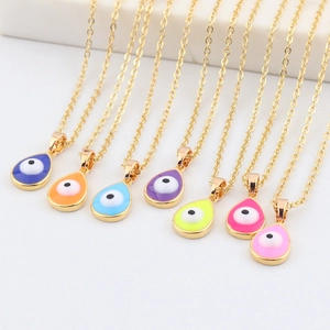 Set of seven colorful evil eye teardrop pendant necklaces with polished gold chains