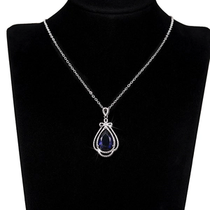 Elegant pear-shaped blue sapphire pendant necklace with crystal bow knot decoration