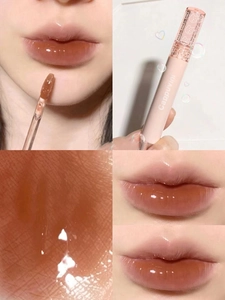 Detailed swatches of mirror water gloss lip glaze in milk tea and red brown shades