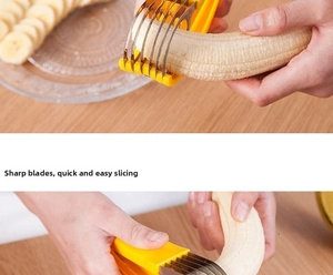 Close-up of a banana slicer with five stainless steel blades slicing fruit over a glass bowl