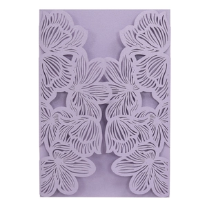 Laser cut purple floral wedding invitation cover in shimmering pearlescent paper