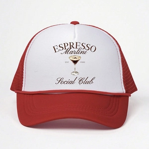 Front view of two-tone trucker hat with Espresso Martini print and red mesh panel