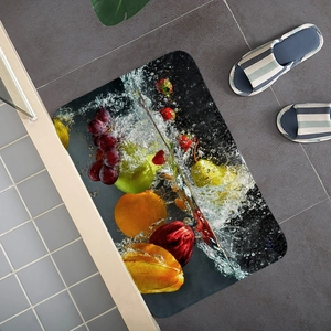 Close-up of flannel absorbent floor mat with high-definition water splash fruit pattern
