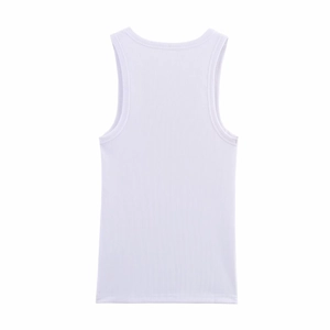 Close-up of the white ribbed knit tank top showing high-quality fabric texture and back view