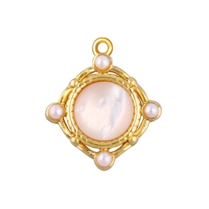 Detail of gold-plated pendant featuring iridescent mother of pearl and white pearls