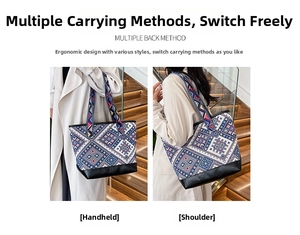 Ethnic style canvas tote bag showing handheld and shoulder carrying options