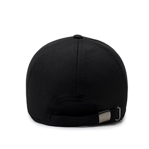 Rear view of black windproof winter baseball cap with ear flaps and metal buckle strap