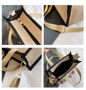 Detail shots of beige canvas tote featuring colorful tassels and gold-tone hardware