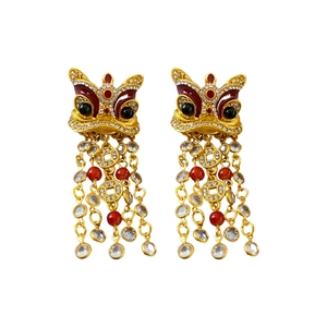 Orecchini vintage a leone dorati con strass e nappe di monete in stile cinese