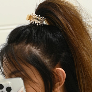 Pinza Para El Pelo De Metal Perlas Artificiales Diamantes De Imitación Soporte De Coleta Alta Anticaída Herramienta De Fijación Mujeres